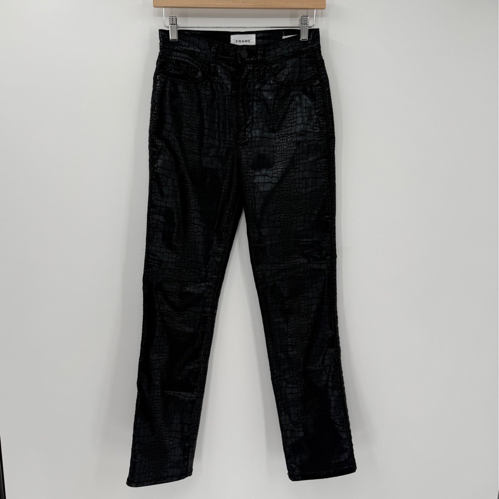 FRAME Le Sylvie Slender Straight Noir Croc Black Coated Jeans Women 25